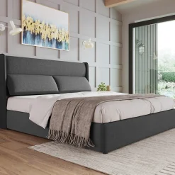 Lit 160x200 cm tapissé en lin gris avec tête de lit réglable et coffre de rangement hydraulique