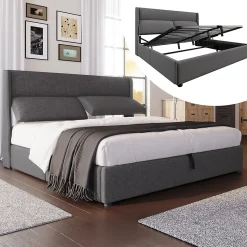 Lit 160x200 cm tapissé en lin gris avec tête de lit réglable et coffre de rangement hydraulique