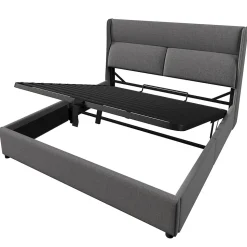 Lit 160x200 cm tapissé en lin gris avec tête de lit réglable et coffre de rangement hydraulique