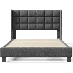 Lit 140x200 cm tapissé en lin gris, tête de lit haute et rembourrée, sommier à lattes intégré, pieds noirs