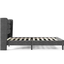 Lit 140x200 cm tapissé en lin gris, tête de lit haute et rembourrée, sommier à lattes intégré, pieds noirs