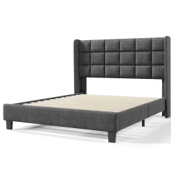 Lit 140x200 cm tapissé en lin gris, tête de lit haute et rembourrée, sommier à lattes intégré, pieds noirs