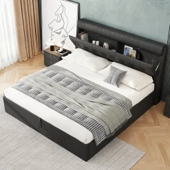 Lit 160x200 cm tapissé en PU noir avec coffre de rangement hydraulique et tête de lit à rangement discret