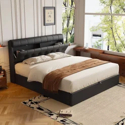 Lit 160x200 cm tapissé en PU noir avec coffre de rangement hydraulique et tête de lit à rangement discret