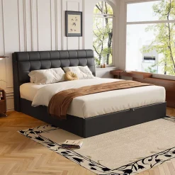 Lit 160x200 cm tapissé en PU noir avec coffre de rangement hydraulique et tête de lit à rangement discret