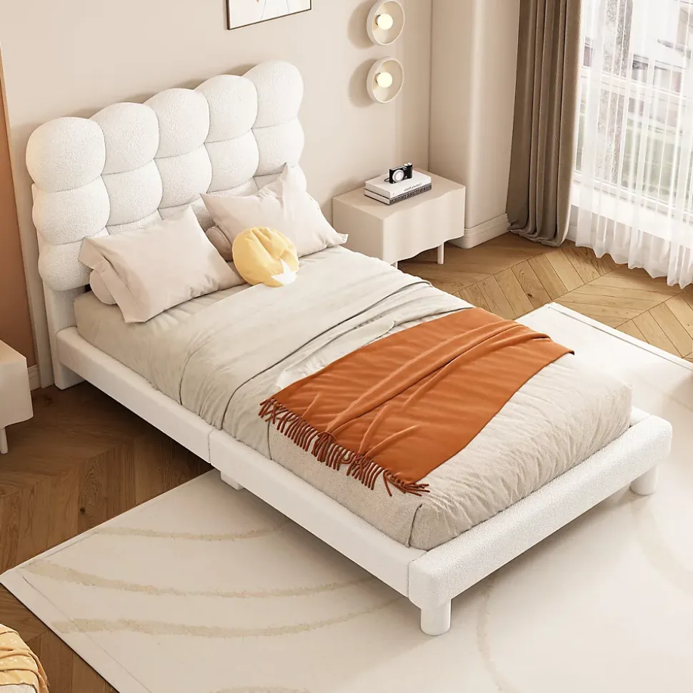 Lit 90x200 cm tapissé en tissu peluche blanc avec tête de lit réglable 3 positions, structure MDF, style moderne et épuré