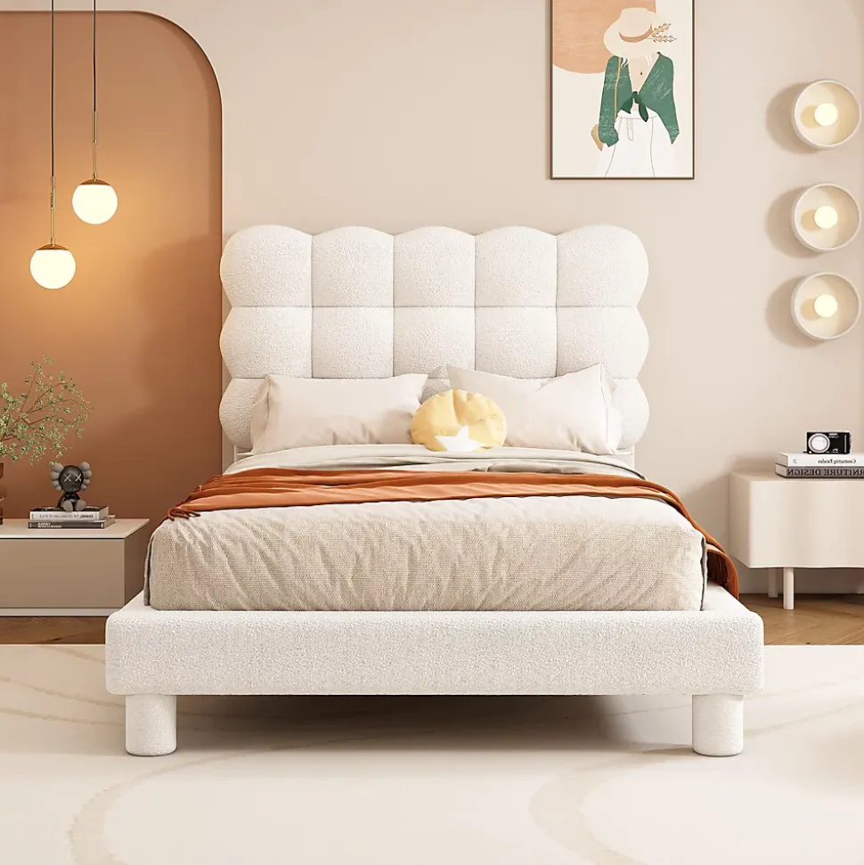 Lit 90x200 cm tapissé en tissu peluche blanc avec tête de lit réglable 3 positions, structure MDF, style moderne et épuré