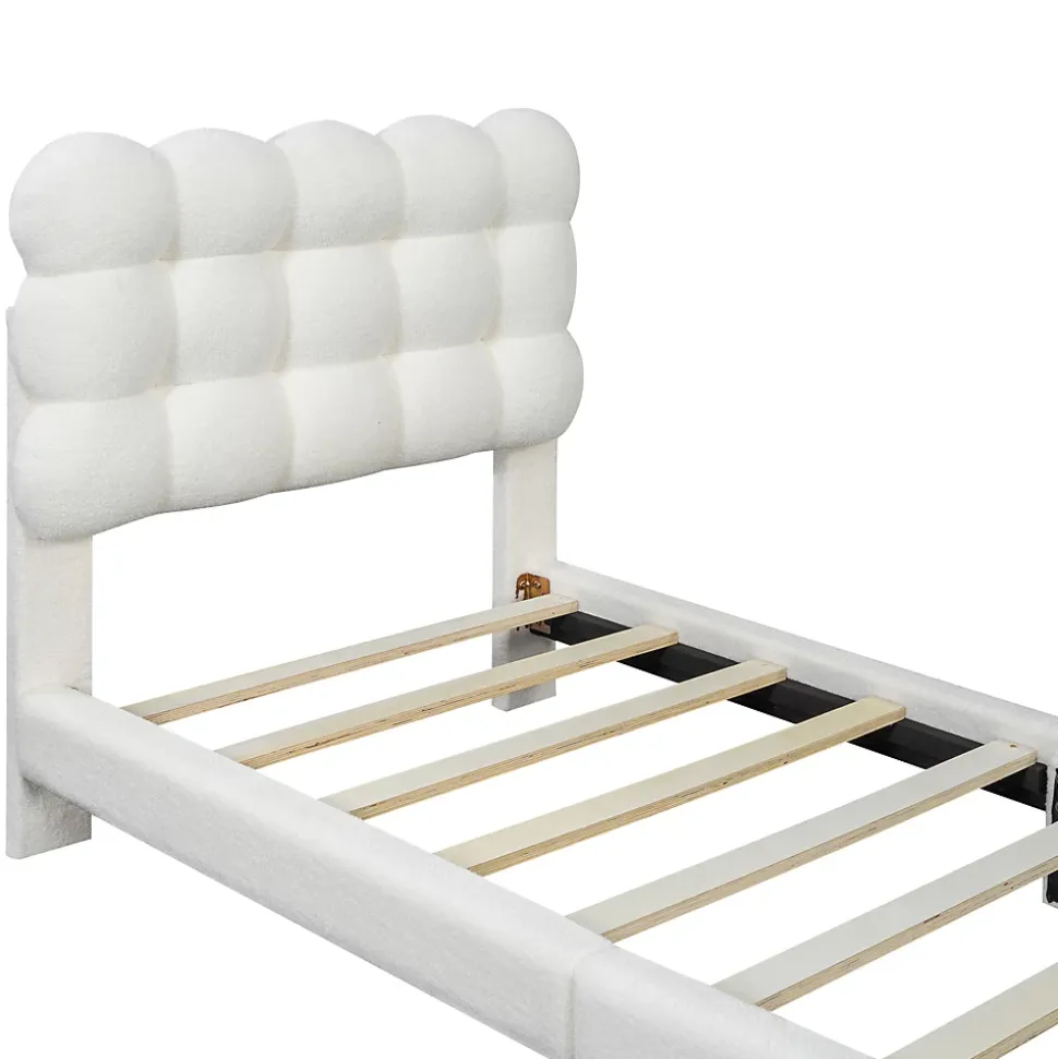 Lit 90x200 cm tapissé en tissu peluche blanc avec tête de lit réglable 3 positions, structure MDF, style moderne et épuré