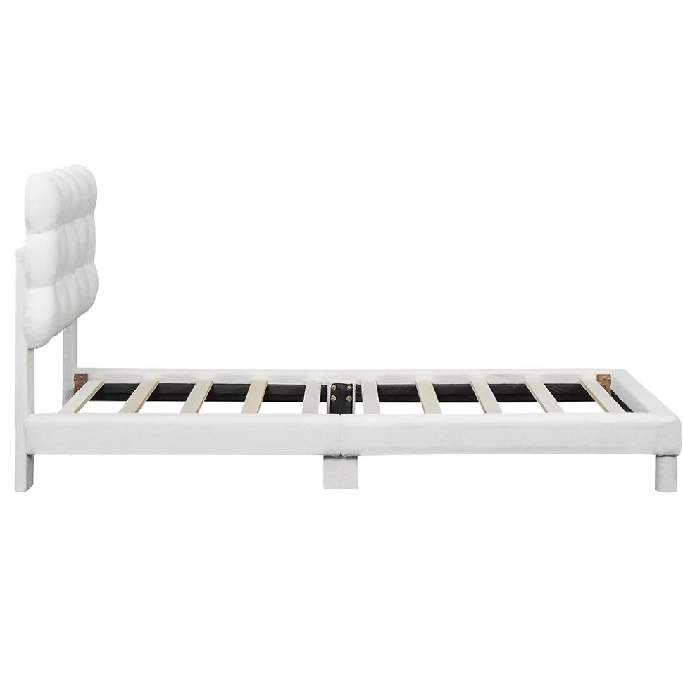 Lit 90x200 cm tapissé en tissu peluche blanc avec tête de lit réglable 3 positions, structure MDF, style moderne et épuré