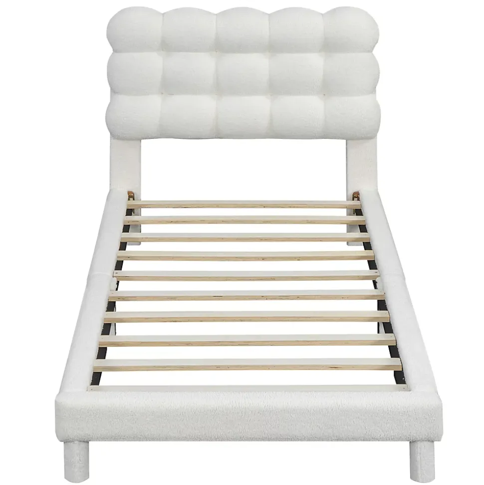 Lit 90x200 cm tapissé en tissu peluche blanc avec tête de lit réglable 3 positions, structure MDF, style moderne et épuré