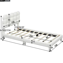 Lit 90x200 cm tapissé en tissu peluche blanc avec tête de lit réglable 3 positions, structure MDF, style moderne et épuré