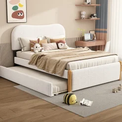 Lit 140x200 cm tapissé en velours blanc avec lit gigogne rétractable et tête de lit minimaliste en MDF