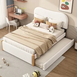 Lit 140x200 cm tapissé en velours blanc avec lit gigogne rétractable et tête de lit minimaliste en MDF