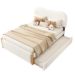 Lit 140x200 cm tapissé en velours blanc avec lit gigogne rétractable et tête de lit minimaliste en MDF