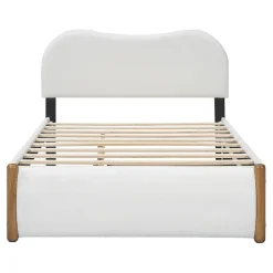 Lit 140x200 cm tapissé en velours blanc avec lit gigogne rétractable et tête de lit minimaliste en MDF