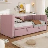 Lit 90x200 cm tapissé en velours avec lit gigogne escamotable, convertible en sofa minimaliste rose