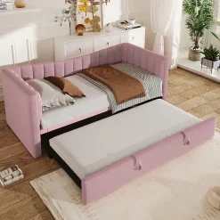 Lit 90x200 cm tapissé en velours avec lit gigogne escamotable, convertible en sofa minimaliste rose