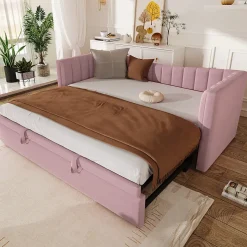 Lit 90x200 cm tapissé en velours avec lit gigogne escamotable, convertible en sofa minimaliste rose