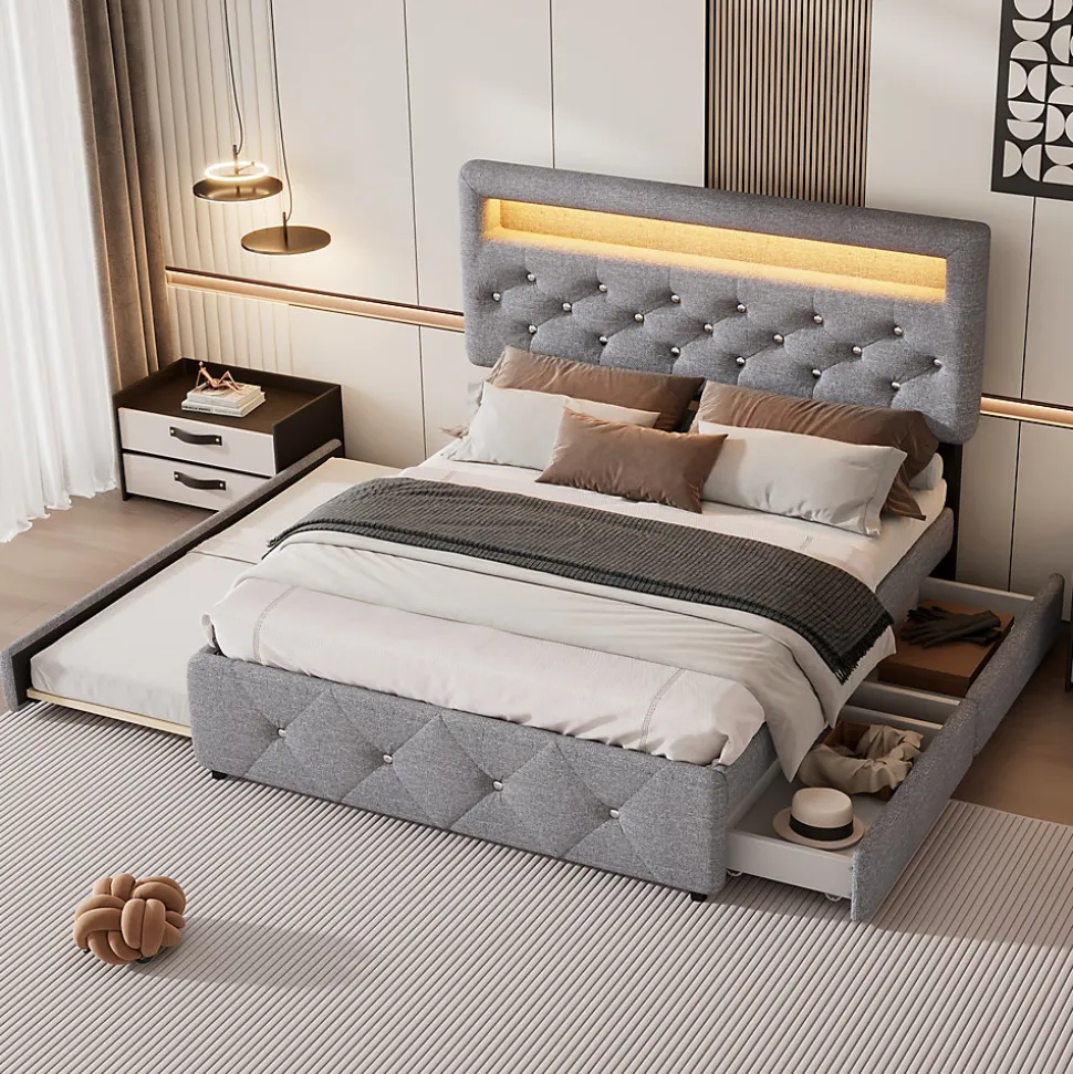 Lit 140x200 cm tapissé gris avec 2 tiroirs, lit gigogne intégré et tête de lit réglable, design élégant