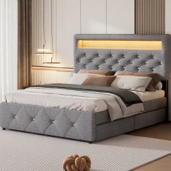 Lit 140x200 cm tapissé gris avec 2 tiroirs, lit gigogne intégré et tête de lit réglable, design élégant