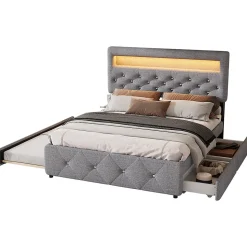 Lit 140x200 cm tapissé gris avec 2 tiroirs, lit gigogne intégré et tête de lit réglable, design élégant