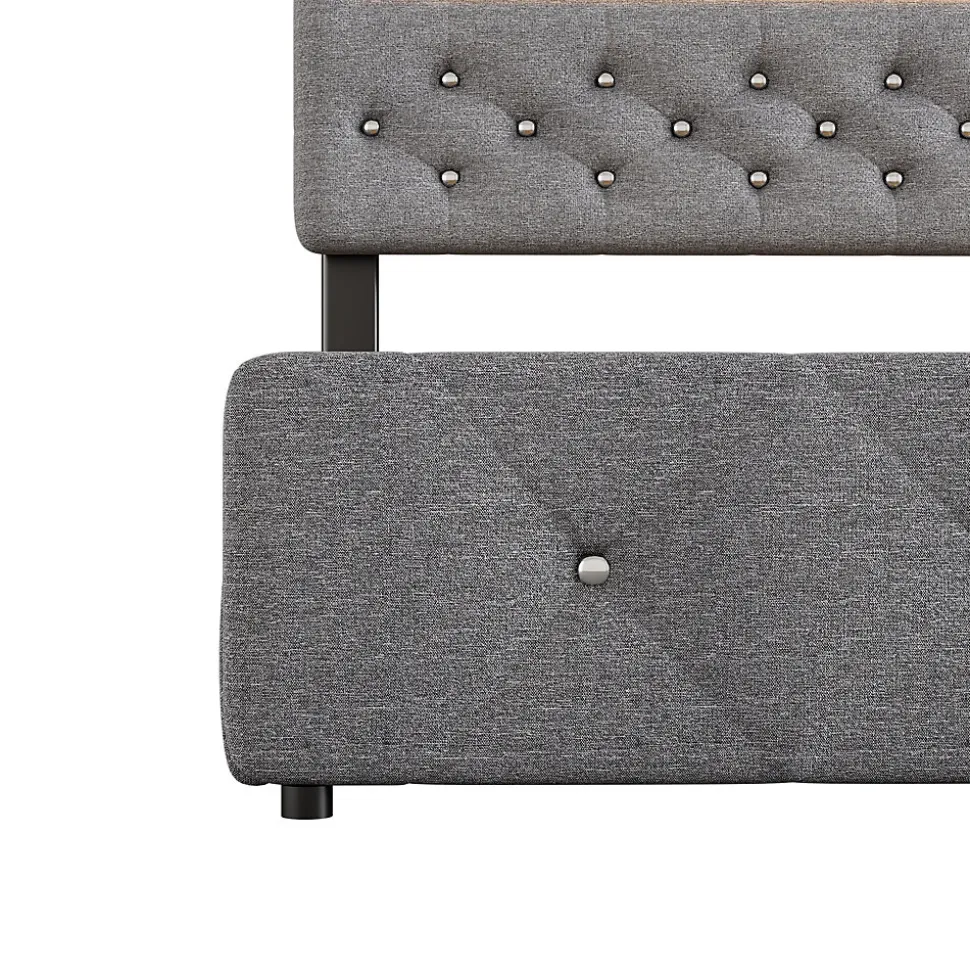 Lit 140x200 cm tapissé gris avec 2 tiroirs, lit gigogne intégré et tête de lit réglable, design élégant