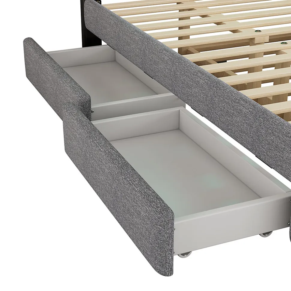 Lit 140x200 cm tapissé gris avec 2 tiroirs, lit gigogne intégré et tête de lit réglable, design élégant
