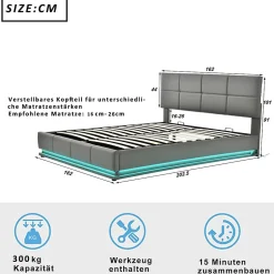 Lit 160x200 cm tapissé gris avec tête de lit rembourrée, coffre de rangement hydraulique et éclairage LED