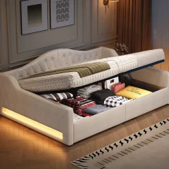 Lit 140x200 cm tapissé lin avec grand rangement sous sommier et bande led 7 couleurs, finition beige élégante