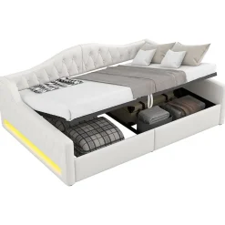 Lit 140x200 cm tapissé lin avec grand rangement sous sommier et bande led 7 couleurs, finition beige élégante