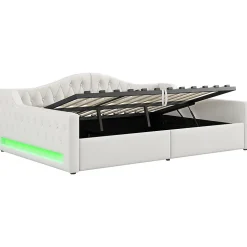 Lit 140x200 cm tapissé lin avec grand rangement sous sommier et bande led 7 couleurs, finition beige élégante