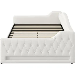 Lit 140x200 cm tapissé lin avec grand rangement sous sommier et bande led 7 couleurs, finition beige élégante