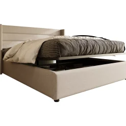 Lit 160x200 cm tapissé lin beige avec coffre de rangement hydraulique, tête de lit rembourrée et cadre robuste