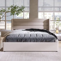 Lit 160x200 cm tapissé lin beige avec coffre de rangement hydraulique, tête de lit rembourrée et cadre robuste