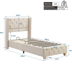 Lit 90x200 cm tapissé lin beige avec tête de lit capitonnée, clous décoratifs et pieds en bois renforcés