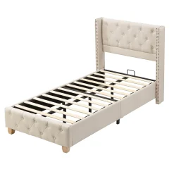 Lit 90x200 cm tapissé lin beige avec tête de lit capitonnée, clous décoratifs et pieds en bois renforcés