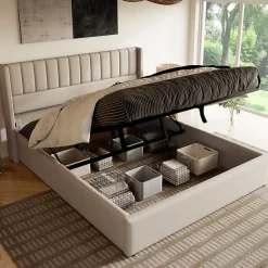 Lit 140x200 cm tapissé lin beige avec rangement hydraulique, tête de lit matelassée à rayures verticales