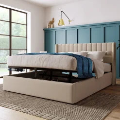 Lit 140x200 cm tapissé lin beige avec rangement hydraulique, tête de lit matelassée à rayures verticales