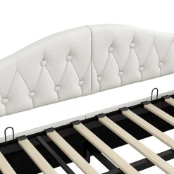 Lit 90x200 cm tapissé lin beige avec rangement sous-lit et bande LED 7 couleurs, cadre bois moderne, 12 lattes