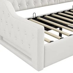 Lit 90x200 cm tapissé lin beige avec rangement sous-lit et bande LED 7 couleurs, cadre bois moderne, 12 lattes