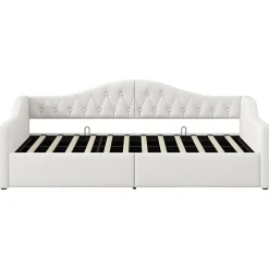 Lit 90x200 cm tapissé lin beige avec rangement sous-lit et bande LED 7 couleurs, cadre bois moderne, 12 lattes