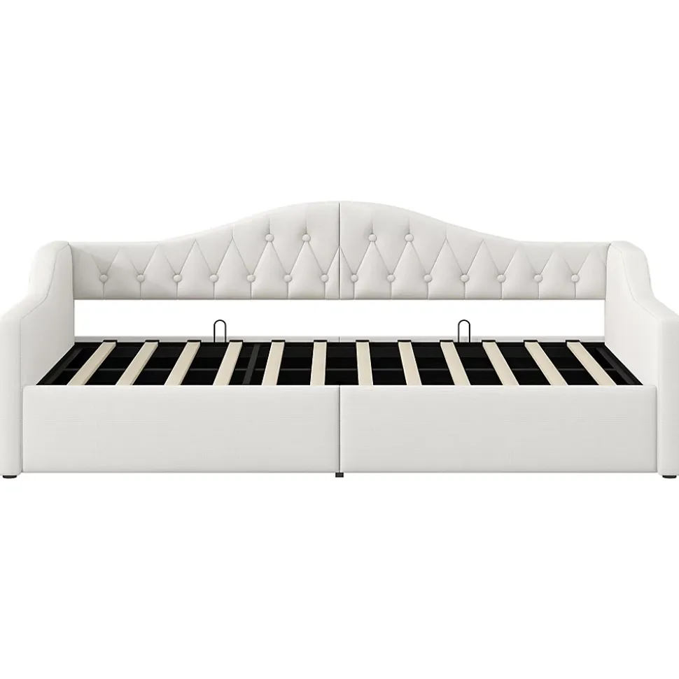 Lit 90x200 cm tapissé lin beige avec rangement sous-lit et bande LED 7 couleurs, cadre bois moderne, 12 lattes