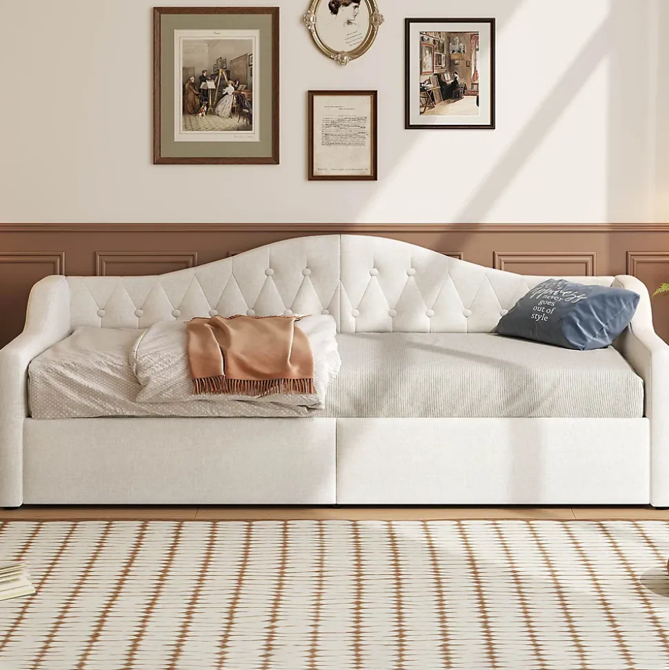 Lit 90x200 cm tapissé lin beige avec rangement sous-lit et bande LED 7 couleurs, cadre bois moderne, 12 lattes