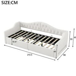 Lit 90x200 cm tapissé lin beige avec rangement sous-lit et bande LED 7 couleurs, cadre bois moderne, 12 lattes