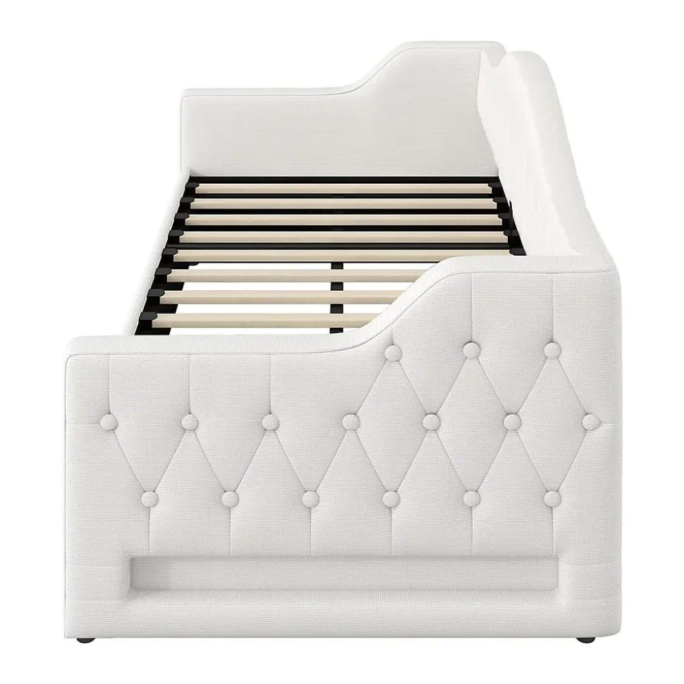 Lit 90x200 cm tapissé lin beige avec rangement sous-lit et bande LED 7 couleurs, cadre bois moderne, 12 lattes