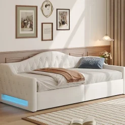 Lit 90x200 cm tapissé lin beige avec rangement sous-lit et bande LED 7 couleurs, cadre bois moderne, 12 lattes