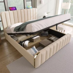 Lit 140x200 cm tapissé lin beige, design contemporain, avec rangement hydraulique et tête de lit intégrée