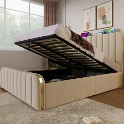 Lit 140x200 cm, tapissé lin beige avec tête de lit décor métal doré, rangement hydraulique et port USB-C