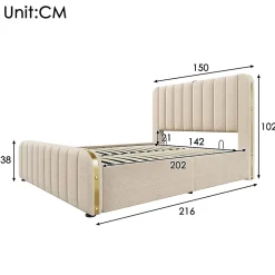 Lit 140x200 cm, tapissé lin beige avec tête de lit décor métal doré, rangement hydraulique et port USB-C
