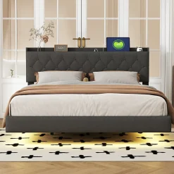 Lit 160x200 cm tapissé lin gris avec LED multicolore sous cadre, prise USB intégrée et coffre de rangement